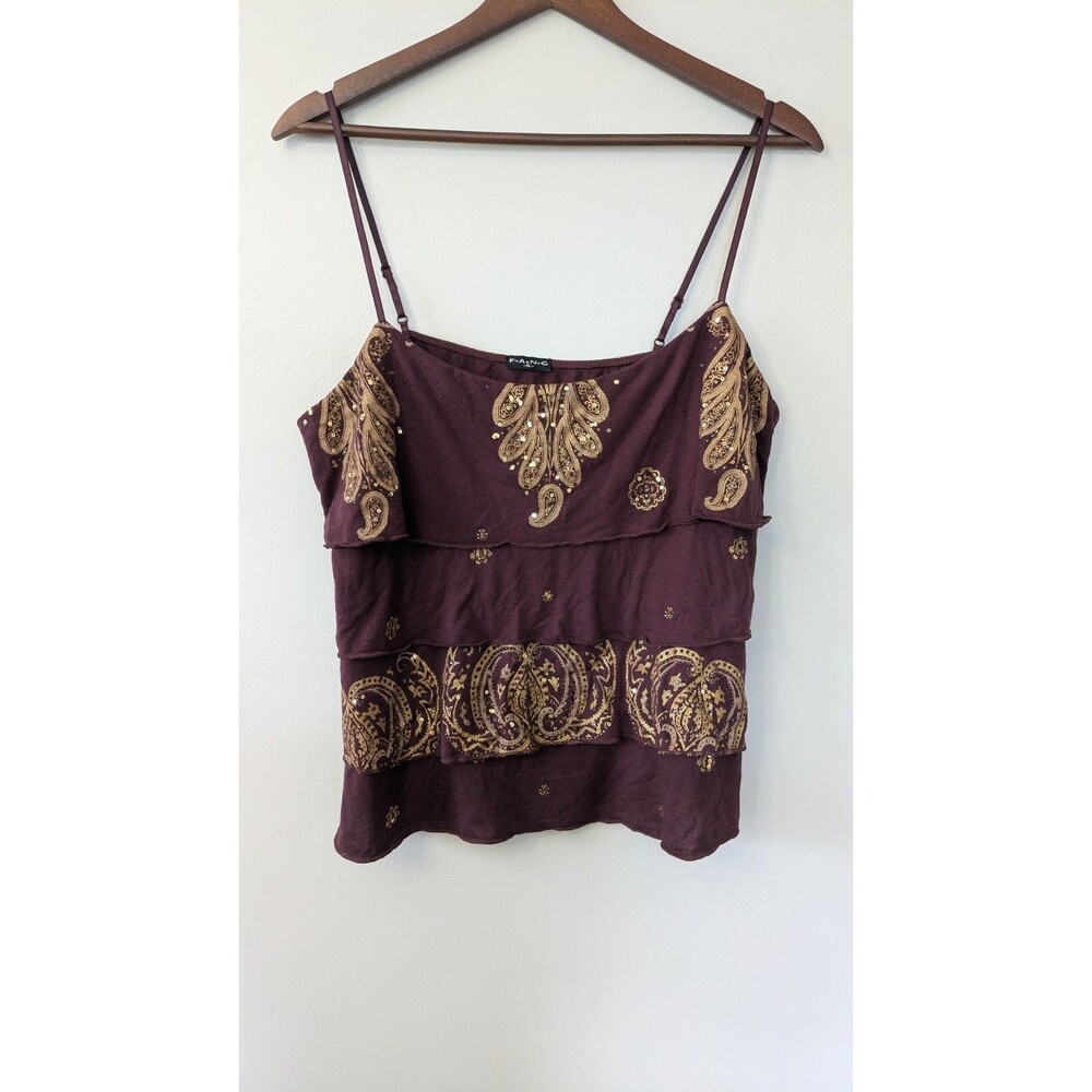 Vintage Y2K Fang Cami Top XL Fairy Grunge Boho Festival Tiered Sequin Tank Top